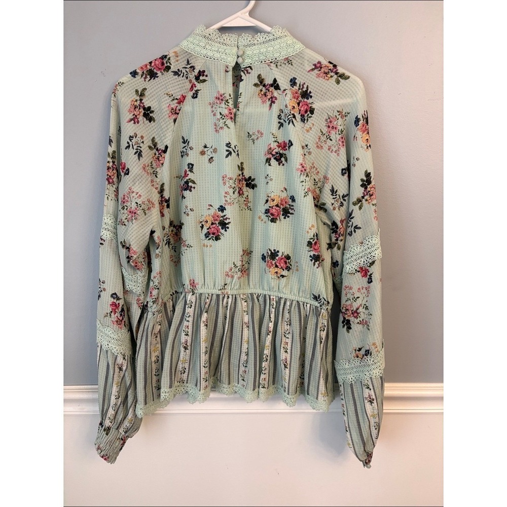 HEMANT & NANDITA Mint Green Floral Lace-Trim Peplum Top Bohemian hippie medium - Picture 2 of 9